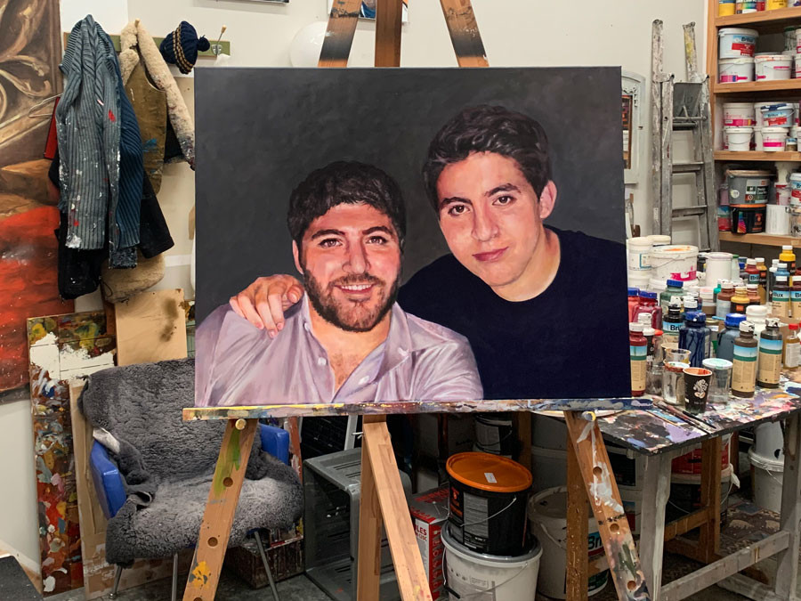 Auftragsmalerei Kwast Berlin, Porträtmalerei, Porträt von zwei Brüdern, 
auf der Staffelei im Atelier